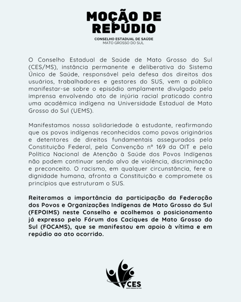 CES/MS manifesta solidariedade à estudante indígena vítima de injúria racial na UEMS